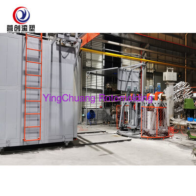 YINGCHUANG مستقل صنعتی PLC دو محوری شاتل Rotomolding ماشین با کوره ای عایق بزرگ برای باله های پلاستیکی LLDPE و مخازن آب
